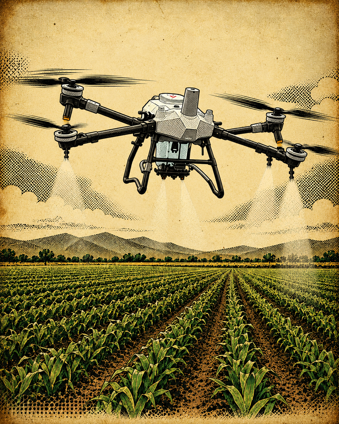 Dron agrícola sobre cultivo