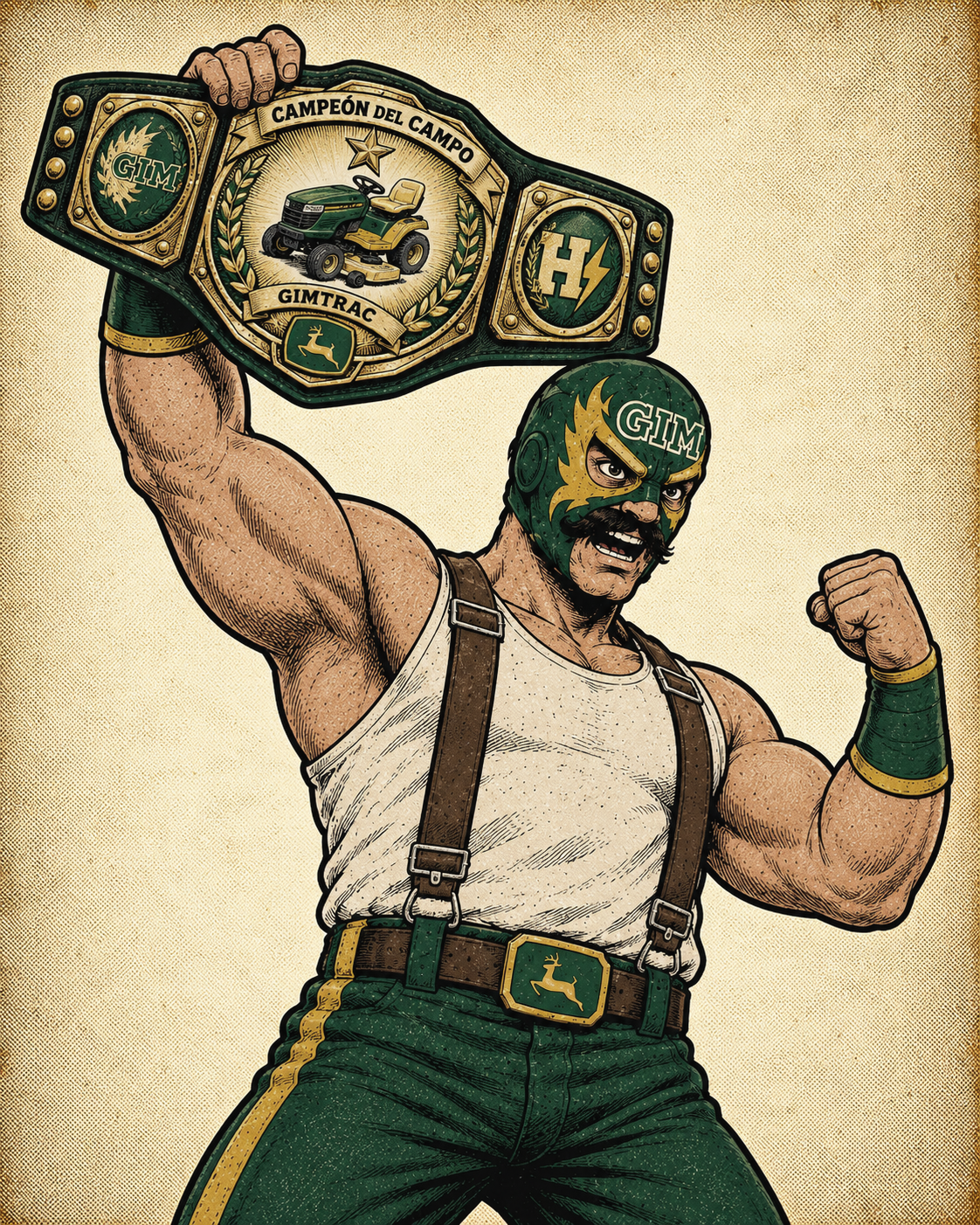 Luchador Gimtrac levantando el cinturón de campeón